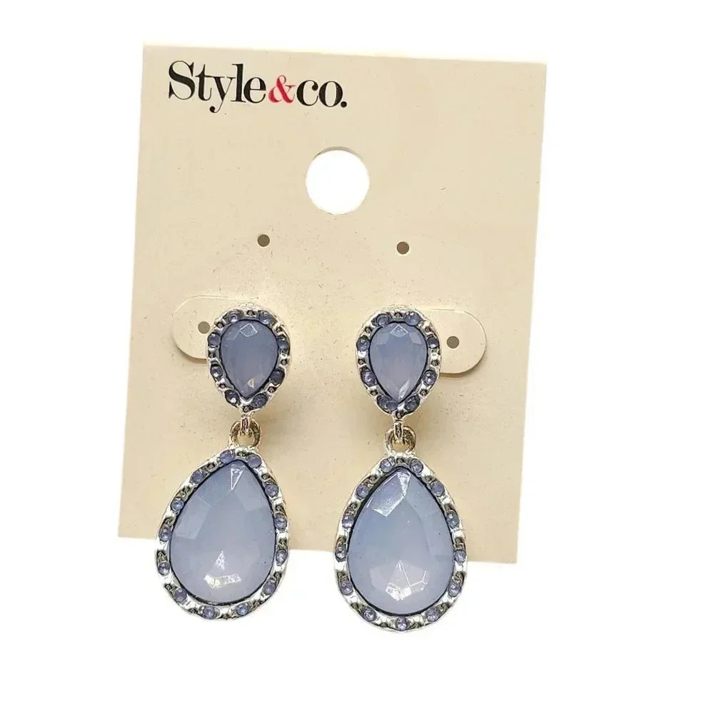Style & Co Blue Acrylic Rhinestone Teardrop Dangle Drop Earrings Retro